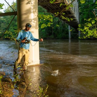 A scientist deploys a handheld instrument that collects water quality data into the shallow water of a creek.